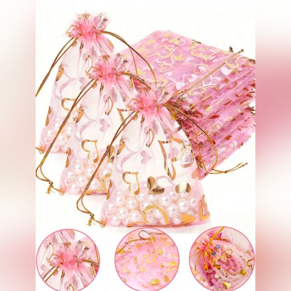 10pcs Heart Pink and Gold Organza Gift Bags - Picture 3 of 5